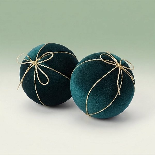 Bola de Natal - Veludo Verde e Laço Ouro - 12x12x12cm - 2 unidades - Cromus - Rizzo