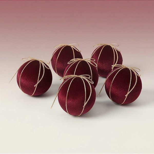 Bola de Natal - Veludo Vinho e Laço Ouro - 8x8x8cm - 6 unidades - Cromus - Rizzo