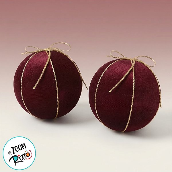Bola de Natal - Veludo Vinho e Laço Ouro - 12x12x12cm - 2 unidades - Cromus - Rizzo