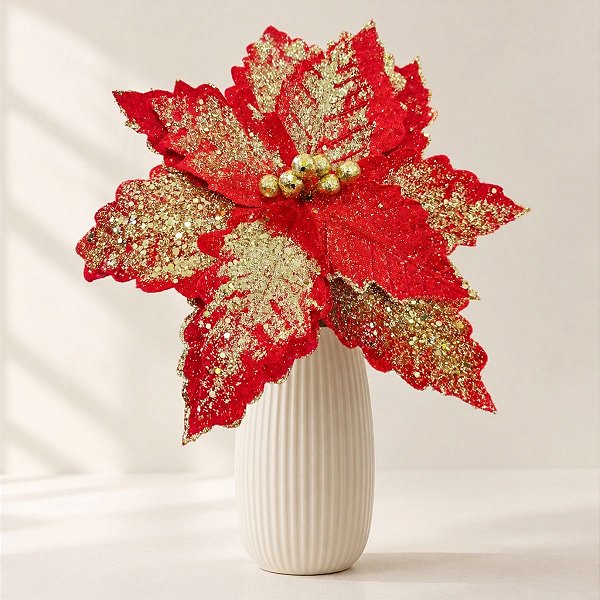 Poinsétia Decorativa - Vermelho e Ouro com Glitter - 46cm - 1 unidade - Cromus - Rizzo