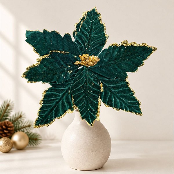Poinsétia Decorativa - Verde Veludo - 44cm - 1 unidade - Cromus - Rizzo