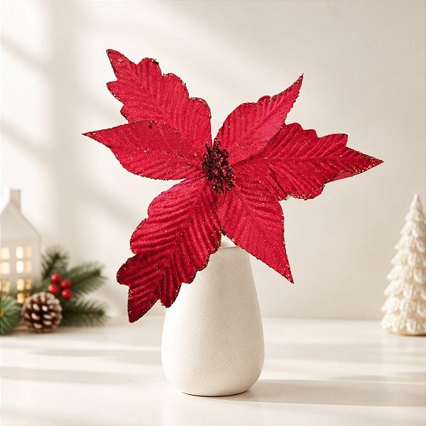 Poinsétia Decorativa - Vermelho com Detalhes de Glitter - 42,5cm - 1 unidade - Cromus - Rizzo