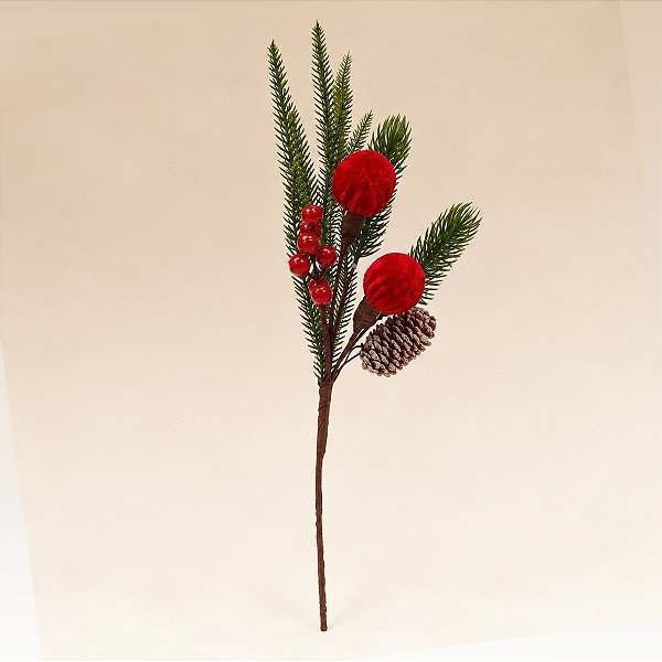 Galho Decorativo com Pinha - Vermelho, Verde e Marrom - 46cm - 1 unidade - Cromus - Rizzo