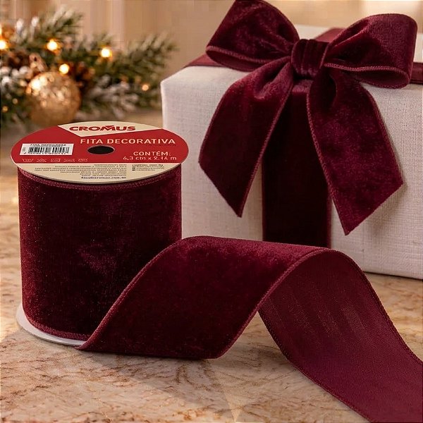 Fita Aramada Decorativa de Natal - Veludo Bordô - 10cm x 4,57m - 1 unidade - Cromus - Rizzo