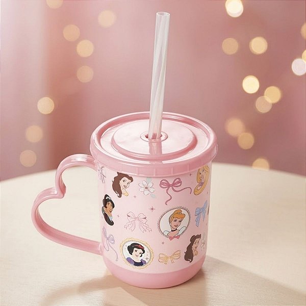 Caneca com Canudo e Tampa - Princesas - 360ml - Disney Original - 1 unidade - Plasútil - Rizzo
