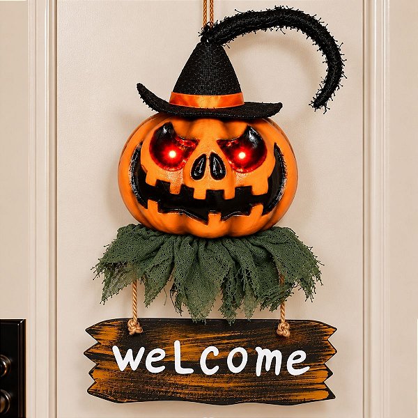 Enfeite para Porta Halloween com Luz - Abóbora Welcome - 43cm  - 1 unidade - Cromus - Rizzo