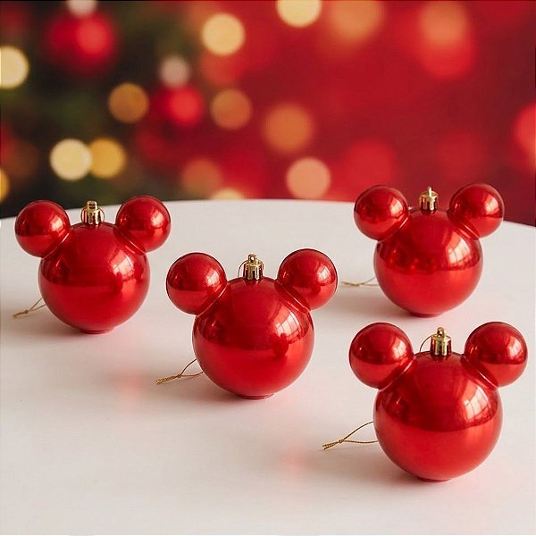 Bola de Natal - Mickey - Perolada Vermelha - 8cm - Disney Original - 4 unidades - Cromus - Rizzo