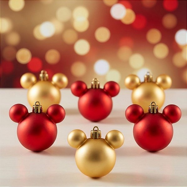 Bola de Natal - Mickey - Fosca Vermelha e Dourada - 6cm - Disney Original - 6 unidades - Cromus - Rizzo