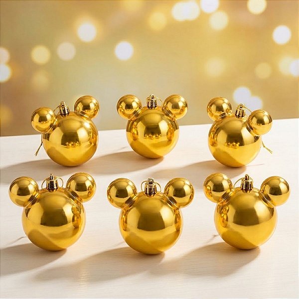 Bola de Natal - Mickey - Metalizada Dourada - 6cm - Disney Original - 6 unidades - Cromus - Rizzo