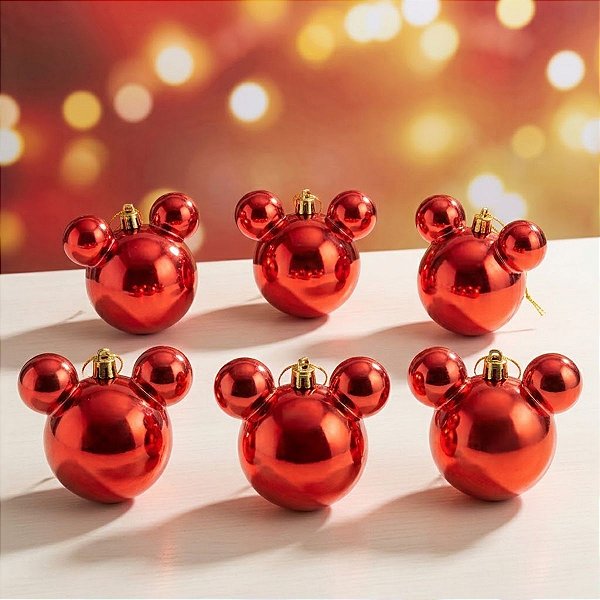 Bola de Natal - Mickey - Perolada Vermelha - 6cm - Disney Original - 6 unidades - Cromus - Rizzo