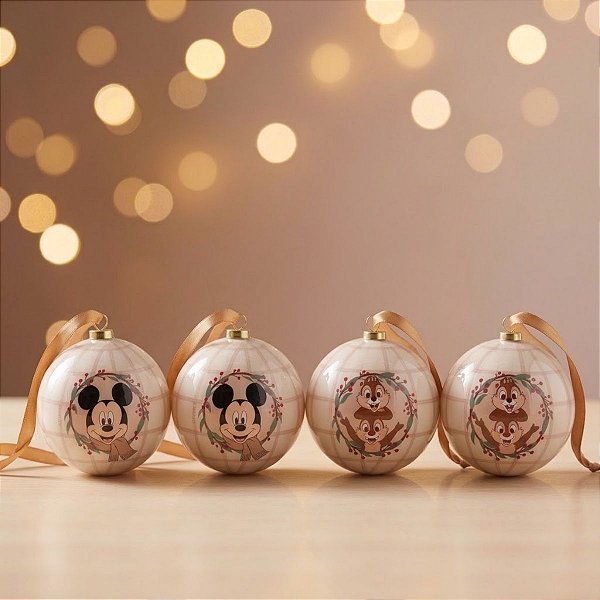 Bola de Natal - Mickey Mouse - Bege - 8cm - Disney Original - 4 unidades - Cromus - Rizzo