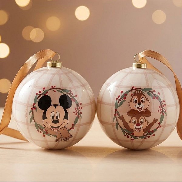 Bola de Natal - Mickey Mouse - Bege - 10cm - Disney Original - 2 unidades - Cromus - Rizzo