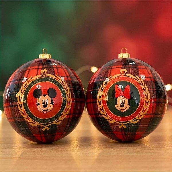 Bola de Natal - Mickey Mouse - Xadrez Vermelho - 12cm - Disney Original - 2 unidades - Cromus - Rizzo