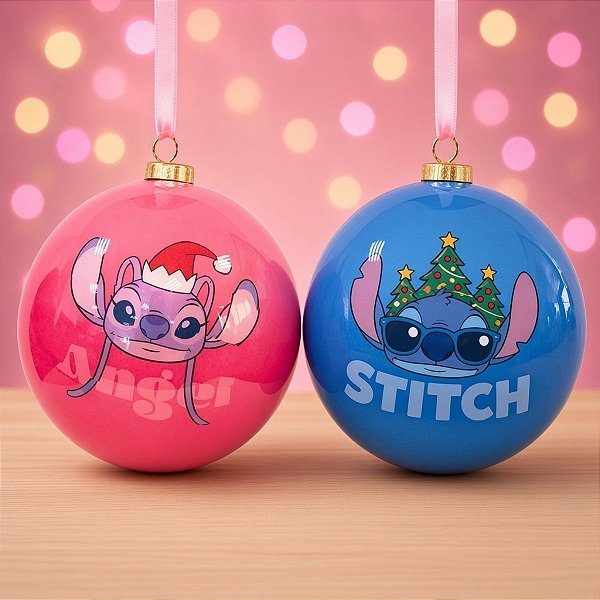 Bola de Natal - Stitch e Angel - 12cm - Disney Original - 2 unidades - Cromus - Rizzo