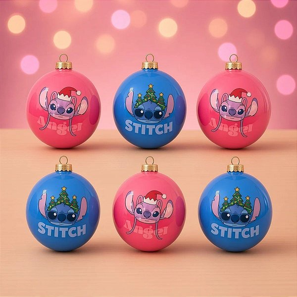 Bola de Natal - Stitch e Angel - 6cm - Disney Original - 6 unidades - Cromus - Rizzo