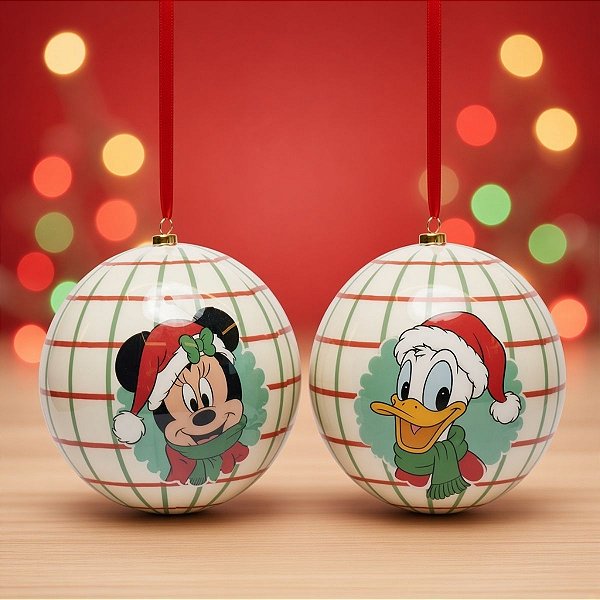 Bola de Natal - Mickey Mouse - Xadrez Branco - 10cm - Disney Original - 2 unidades - Cromus - Rizzo