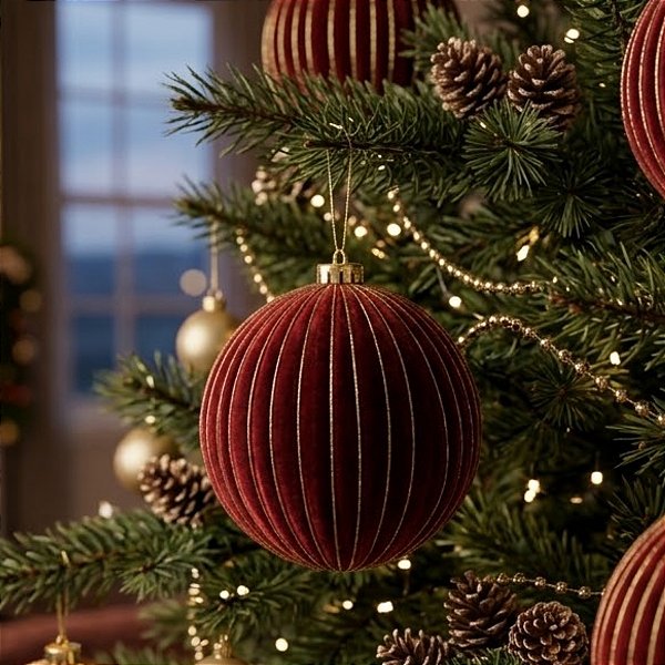 Bola de Natal - Flocada - Vinho e Ouro - 15cm - 2 unidades - Cromus - Rizzo