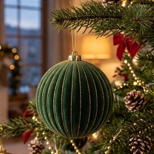 Bola de Natal - Flocada - Verde e Ouro - 15cm - 2 unidades - Cromus - Rizzo