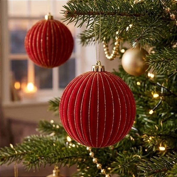 Bola de Natal - Flocada - Vermelho e Ouro - 15cm - 2 unidades - Cromus - Rizzo