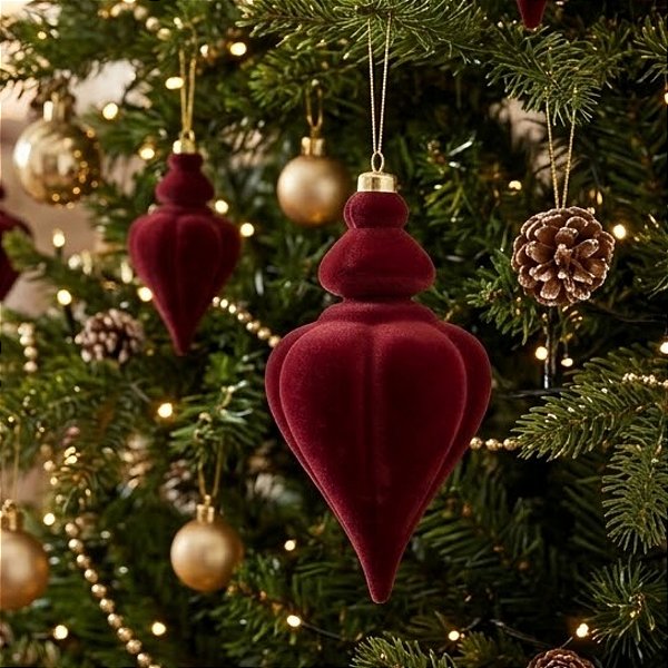 Enfeite para Pendurar de Natal - Pino Flocado Borgonha - 11x25x11cm - 1 unidade - Cromus - Rizzo