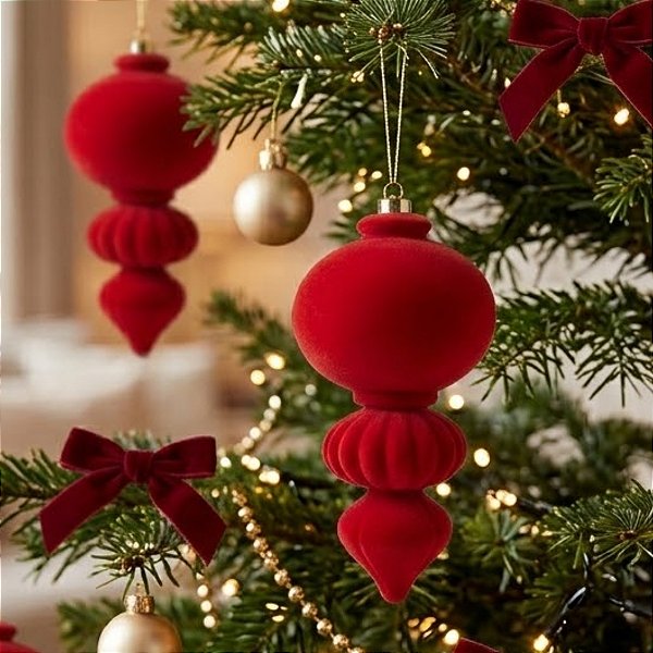 Enfeite para Pendurar de Natal - Pino Flocado Vermelho - 13x26x13cm - 1 unidade - Cromus - Rizzo