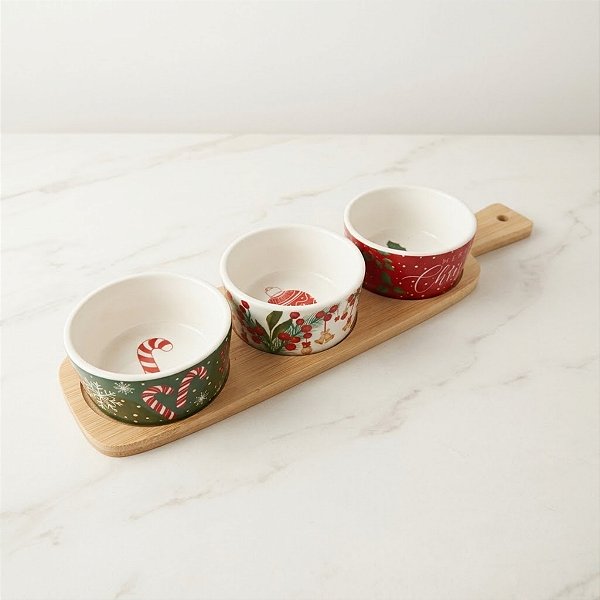 Petisqueira de Madeira Tábua com Cabo e 3 Bowls de Natal - 35x10x5cm - 4 unidades - Cromus - Rizzo