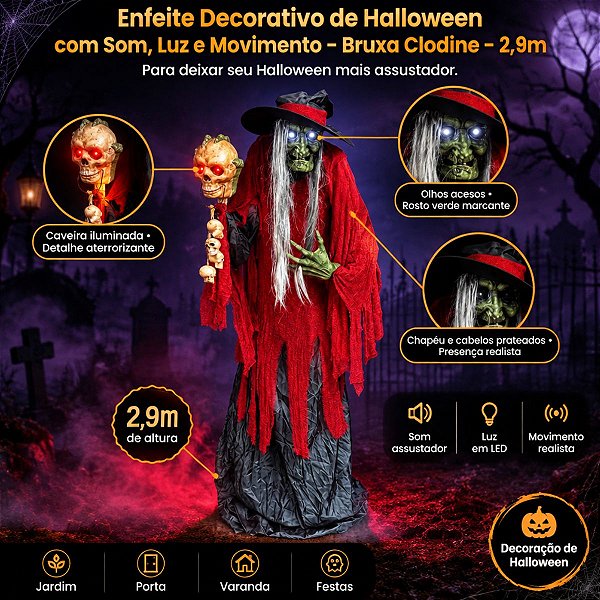 Enfeite Decorativo de Halloween com Som, Luz e Movimento - Bruxa Clodine - 2,9m - 1 unidade - Cromus - Rizzo
