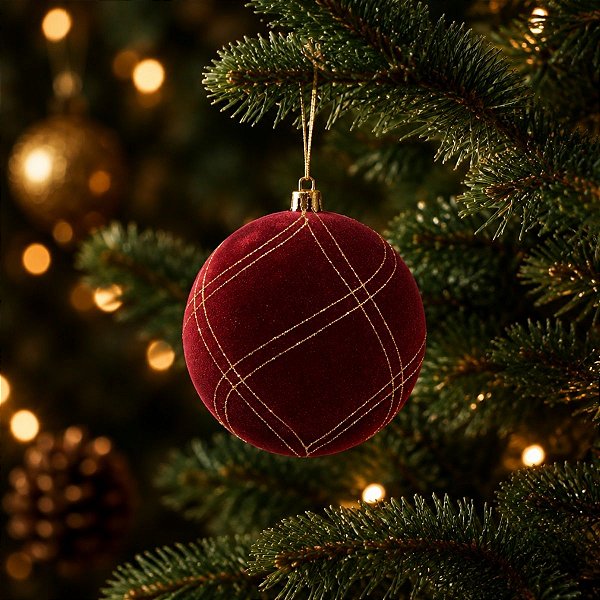 Bola de Natal - Veludo Borgonha e Ouro com Glitter - 10cm - 4 unidades - Cromus - Rizzo