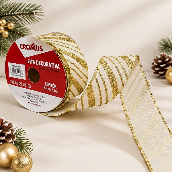 Fita Aramada Decorativa de Natal - Branco e Ouro com Listras e Glitter - 3,8cmx9,14cm - 1 unidade - Cromus - Rizzo