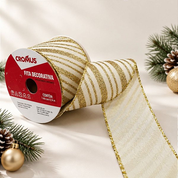 Fita Aramada Decorativa de Natal - Branco e Ouro com Listras e Glitter - 6,3x9,14cm - 1 unidade - Cromus - Rizzo