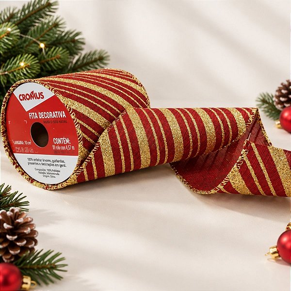 Fita Aramada Decorativa de Natal - Vermelho e Ouro com Listras e Glitter - 10cmx4,57m - 1 unidade - Cromus - Rizzo