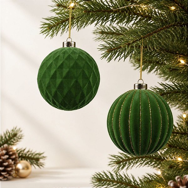 Bola de Natal - Losango Flocada - Verde e Ouro - 12cm  - 2 unidades - Cromus - Rizzo