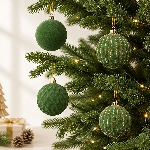 Bola de Natal - Losango Flocada - Verde e Ouro - 10cm  - 4 unidades - Cromus - Rizzo