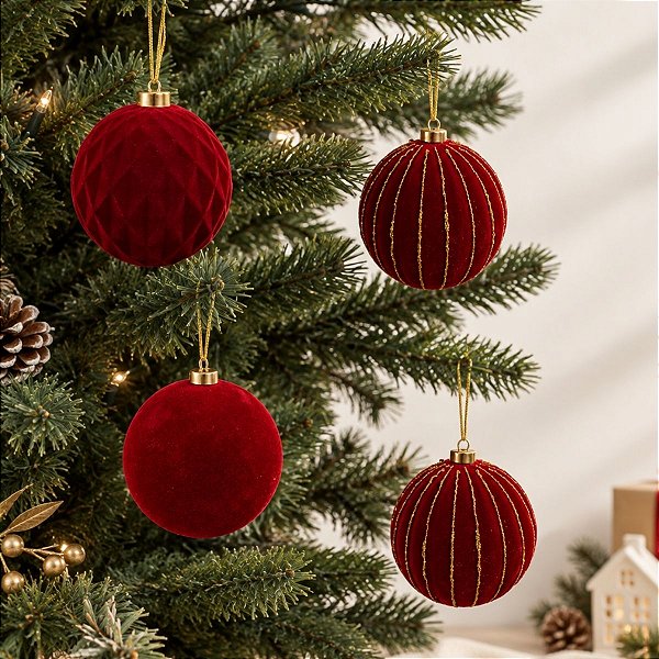 Bola de Natal - Losango Flocada - Bordô e Ouro - 10cm  - 4 unidades - Cromus - Rizzo