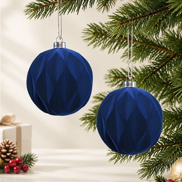 Bola de Natal - Ondulada e Flocada - Azul Marinho - 12cm - 2 unidades - Cromus - Rizzo