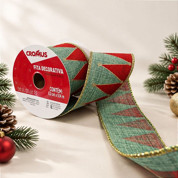 Fita Aramada Decorativa de Natal - Losangos - Verde e Vermelho - 6,3cmx9,14m - 1 unidade - Cromus - Rizzo