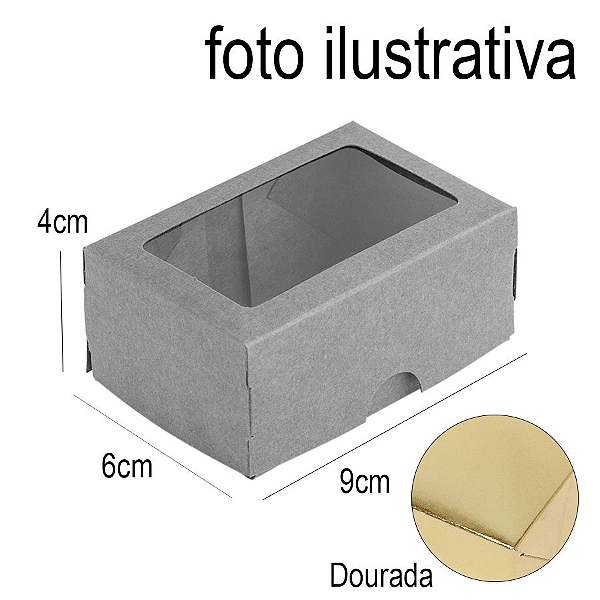 Caixa para 2 Doces com Visor S1 Dourada - 6cm x 9cm x 4cm - 10 unidades Assk Rizzo Confeitaria