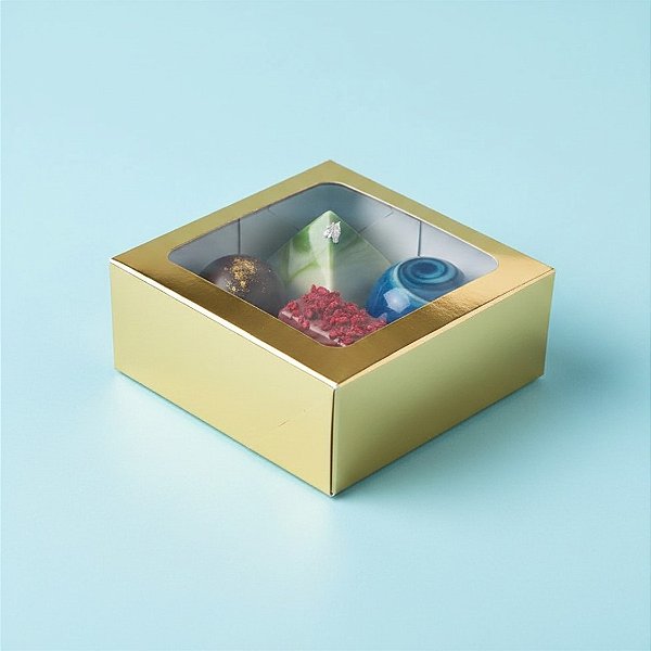 Caixa 4 Doces com Visor S11 (9cm x 9cm x 4cm) Dourado - 10 unidades - Assk - Rizzo