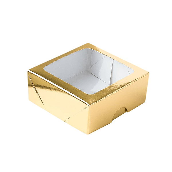 Caixa para 4 Doces com Visor S11 Dourado - 9cm x 9cm x 4cm - 10 unidades Assk Rizzo Confeitaria