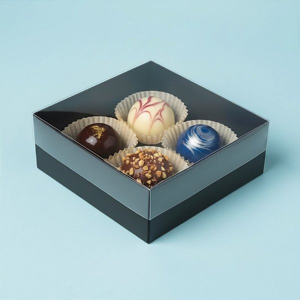 Caixa 4 Doces com Tampa Transparente Nº 4 (8,5cm x 8,5cm x 3,5cm) Preta - 10 unidades - Assk - Rizzo