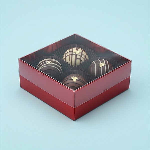 Caixa 4 Doces com Tampa Transparente Nº 4 (8,5cm x 8,5cm x 3,5cm) Vermelha - 10 unidades - Assk - Rizzo