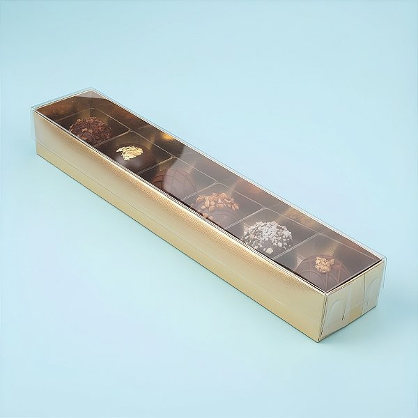 Caixa 6 Doces com Berço Tampa Transparente Nº 4 (23cm x 4cm x 3cm) Dourada 10 unidades Assk Rizzo Embalagens