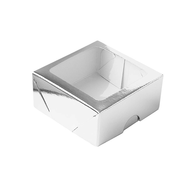 Caixa de Papel com Visor S16 (7cm x 7cm x 3cm) Prata 10 unidades Assk Rizzo Confeitaria