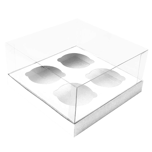 Caixa Cupcake com Tampa Transparente 4 Cavidades (17cm x 17cm x 8,5cm) Branca 10 unidades Assk Rizzo Confeitaria