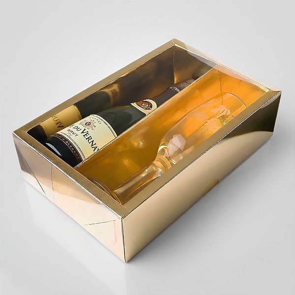 Caixa Mini Champanhe e Taça (20,5cm x 13cm x 6cm) Dourada 5 unidades Assk