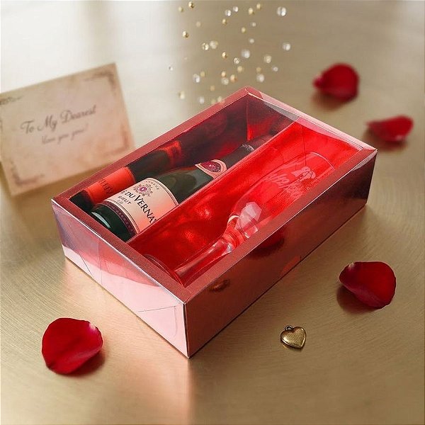 Caixa Mini Champanhe e Taça (20,5cm x 13cm x 6cm) Vermelha 5 unidades Assk