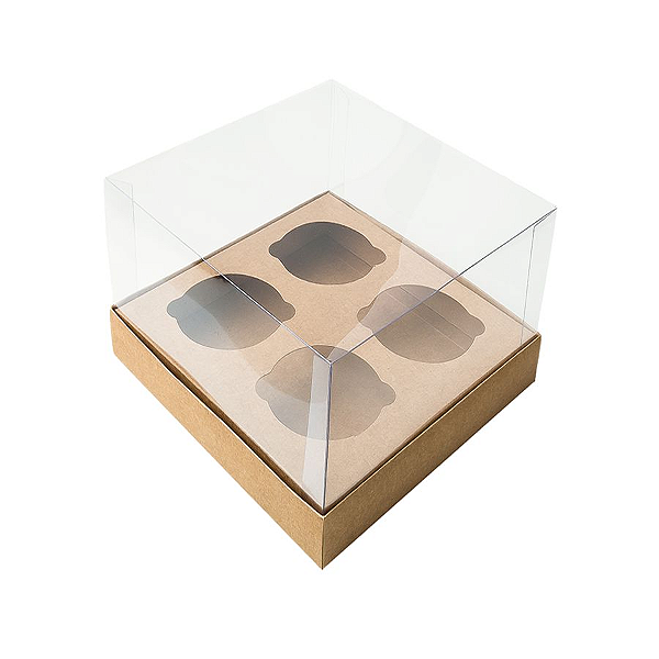 Caixa Mini Cupcake com Tampa Transparente 4 Cavidades (11cm x 11cm x 8,5cm) Kraft 10 unidades Assk Rizzo Confeitaria
