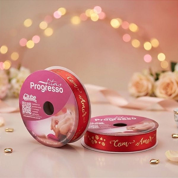 Fita de Páscoa em Cetim 15mmx10m Com Amor Vermelho com Dourado ECF003H 294 Progresso Rizzo Confeitaria