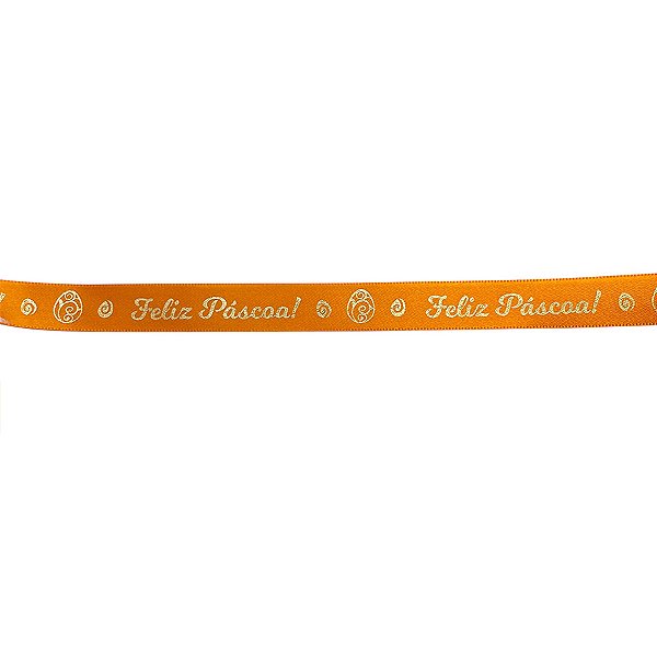 Fita de Páscoa em Cetim 15mmx10m - Feliz Páscoa Laranja com Ouro ECF003H 313 Progresso Rizzo Embalagens
