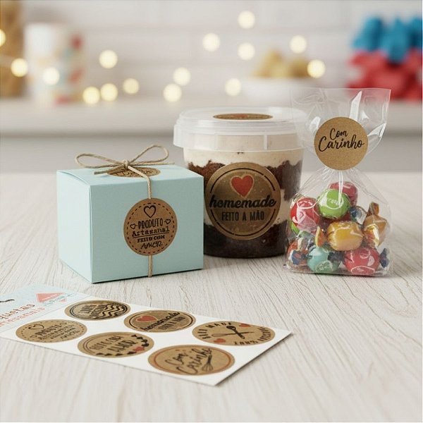 Etiquetas Artesanais Sortida - Kraft - 4cm - 12 unidades - Rizzo Confeitaria